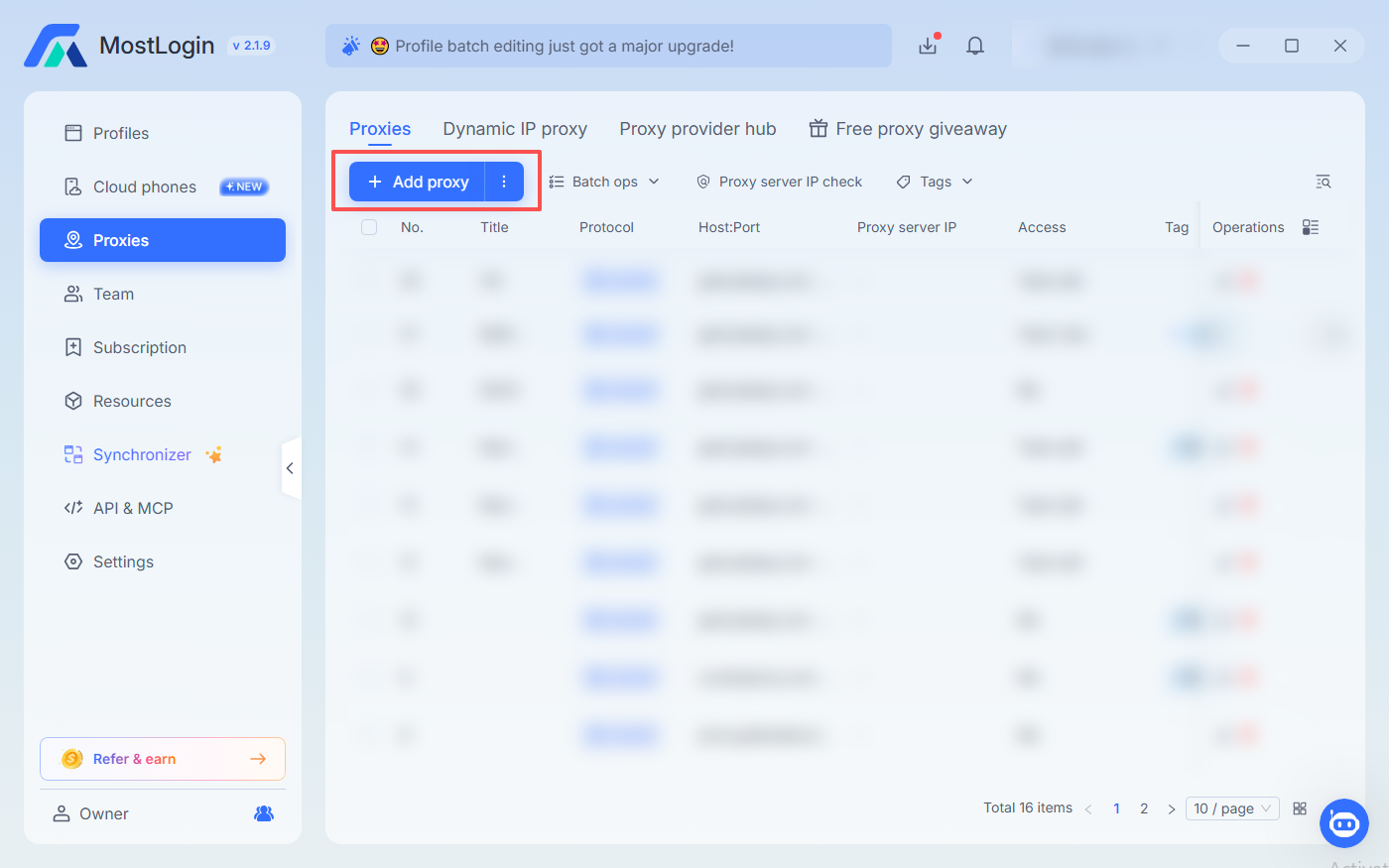 Страница Proxies в MostLogin 2.1.9: вкладки Proxies, Dynamic IP proxy, Proxy provider hub и Free proxy giveaway с кнопкой Add proxy